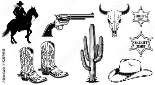 Western Cowboy Icon Set: Sheriff Badges, Boots, Cactus, Revolver, and Bull Skull