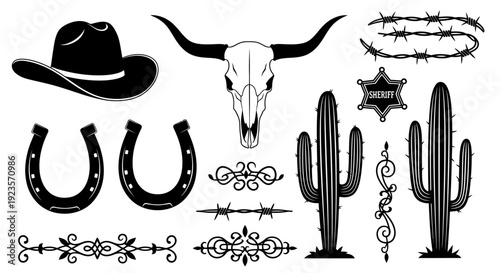 Western Cowboy Symbols Collection: Hat, Skull, Cacti, Sheriff Badge, Horseshoes, Barbed Wire