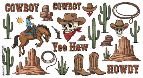 Wild West Cowboy Western Style Illustration with Rodeo Elements and Cacti