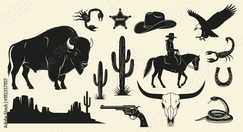 Wild West Silhouette Collection: Bison, Cowboy, Eagle, and Desert Elements