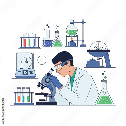 Scientist examining sample under microscope in laboratory with scientific equipment and colorful liquids