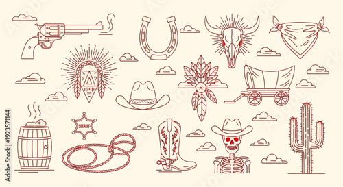 Wild West Western Icons Collection with Cowboy Gear, Skull, and Desert Elements