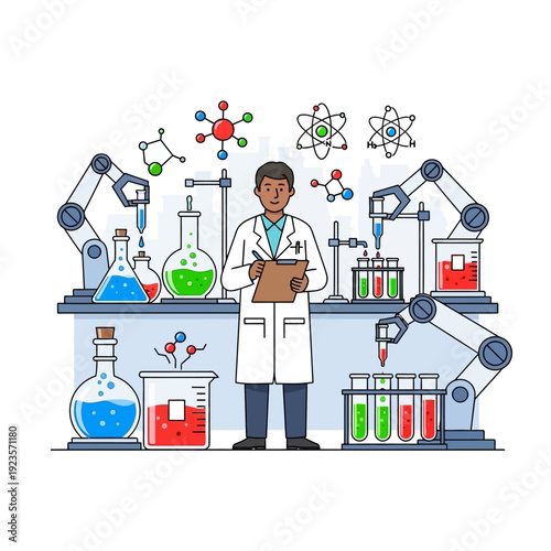 Scientist in laboratory with robotic arms, conducting chemical experiments and molecular research