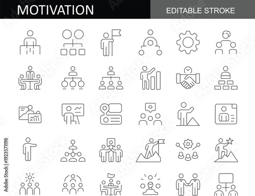Teamwork and Corporate Leadership Line Icon Set : Partnership, Collaboration, Team Building, Group Motivation, and Empowerment Thin Line Vector Icons for UI Design.