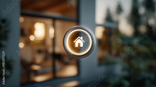 Modern Home Button Icon with Glow Effect in Contemporary Living Space Showing Cozy Interior and Warm Lighting for Digital and Graphic Use