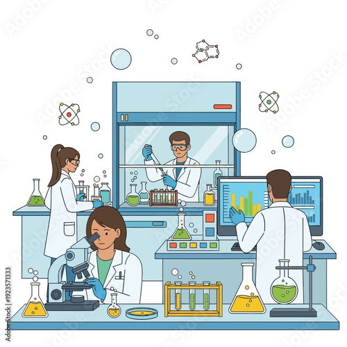 Scientists working in a modern laboratory, conducting research and experiments with advanced equipment.