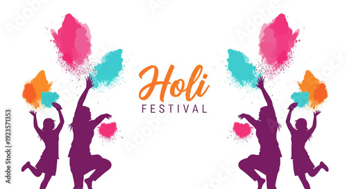 Illustration of people celebrating Holi Festival of Colors with vibrant powder in colorful silhouettes against a clean background.