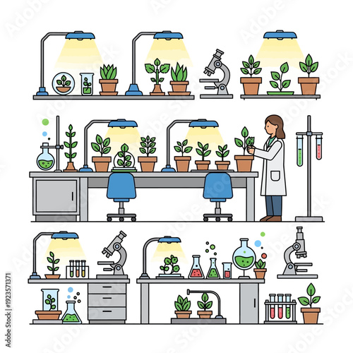 Botanical research laboratory with plants growing under artificial lights and scientists.