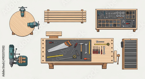 Collection of various tools and equipment for carpentry and woodworking projects.