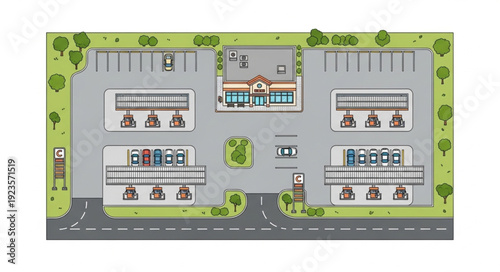 Overhead view of a commercial parking lot with various businesses and shops.