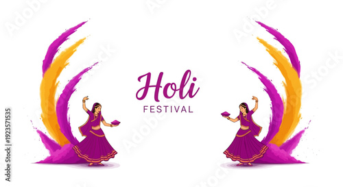 Vibrant Holi Festival illustration of two dancing women in purple dresses with colorful powder blasts on a white background.
