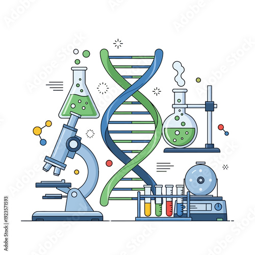 Science laboratory equipment, DNA helix, microscope, test tubes, and flasks with green liquid