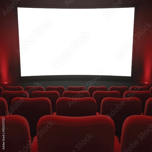Empty movie theater with red seats and large white screen in front  cinema interior