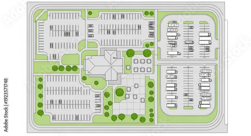 Detailed architectural site plan showcasing parking, buildings, and green spaces in a complex layout.