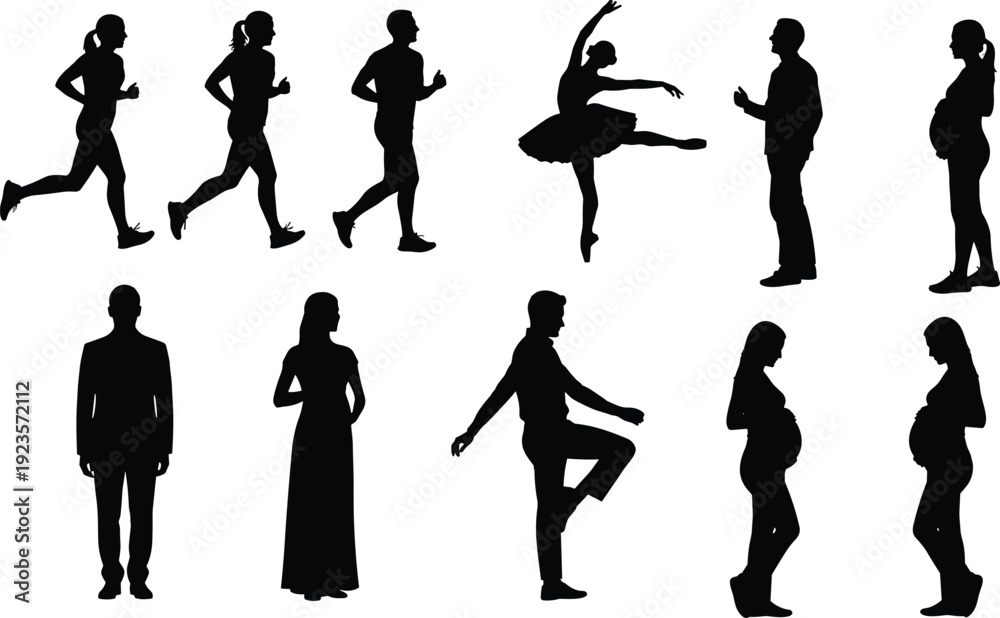 Obraz premium Diverse Collection of Black Silhouettes Featuring Men and Women Jogging Dancing and Pregnant Figures for Health and Lifestyle Vector Design
