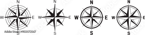 Four different black and white compass rose illustrations with cardinal directions North South East and West clearly marked on a transparent background