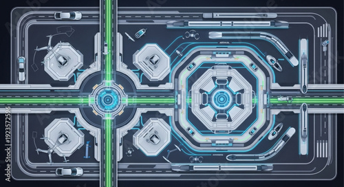 Futuristic city intersection with advanced transportation system and digital interface.