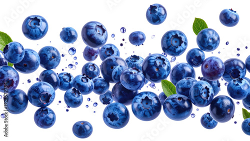 Dynamic Flying Fresh Blueberries with Water Droplets Isolated on White Background
