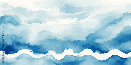Turbulent Blue Watercolor Ocean Wave with Expressive Splashing Motion and Powerful Marine Energy in Abstract Coastal Background