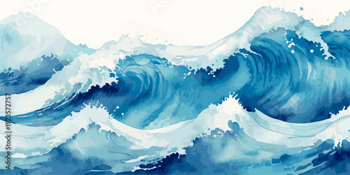 Soft Curling Blue Watercolor Wave Flow with Delicate Splashing Texture in Calm Minimal Marine Background for Ocean Design