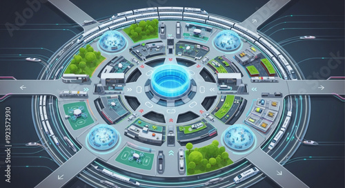 Futuristic circular city design with advanced technology and sustainable living.