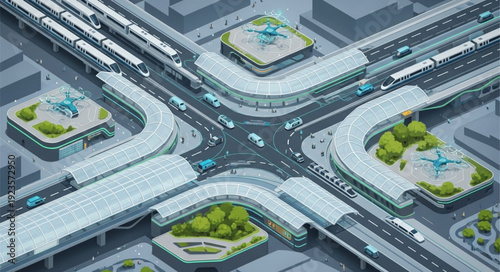 Modern urban transportation hub with elevated train tracks and busy intersection.