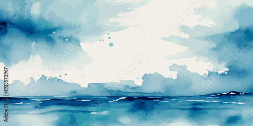 Expressive Curling Blue Ocean Wave Watercolor with Splashing Sea Energy and Fluid Marine Flow in Elegant Artistic Coastal Background for Modern Ocean Design