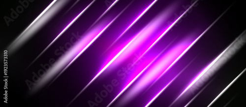 Abstract diagonal lines create vibrant purple, white glow. Dark background emphasizes bright streaks, modern design element.