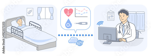 自宅にいる患者のバイタルデータを遠隔診療で確認する男性医師
