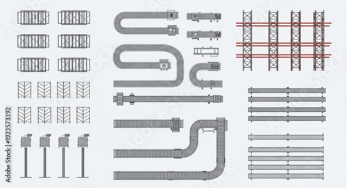 Detailed illustration of various conveyor belt systems and industrial machinery components.