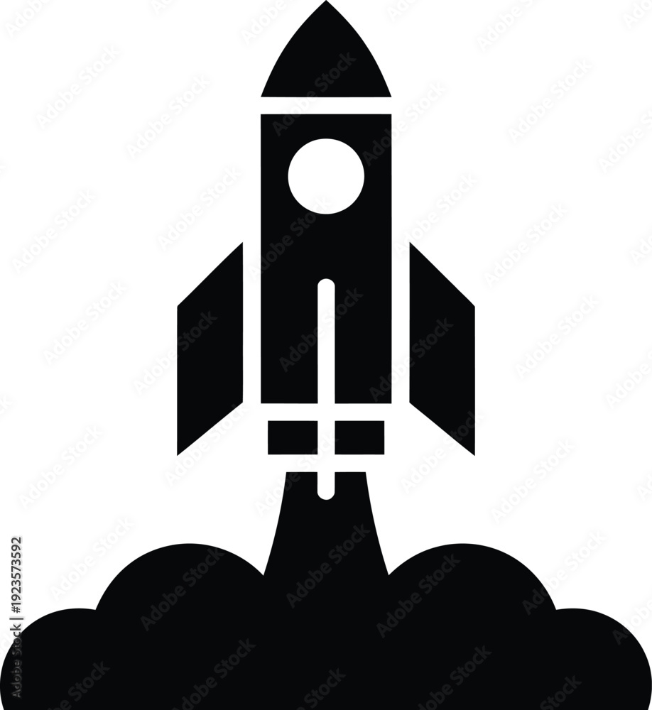 Fototapeta premium Simple black icon of a rocket launching with smoke or fire below