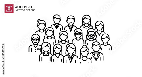 Diverse group people illustration faceless crowd line art style business casual no brand names or trademarks on white background