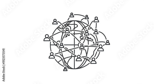 Global network connections and people icons in a circular pattern on white background