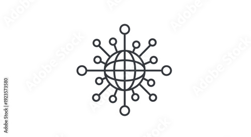 Black line art globe with connected nodes on white background symbolizing global network and communication