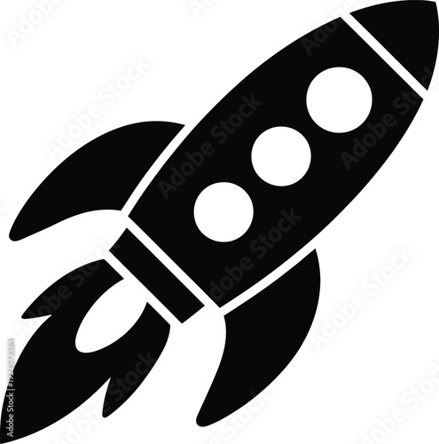 Black and white silhouette icon of a stylized rocket ship taking off with flames from the engine, simple graphic design