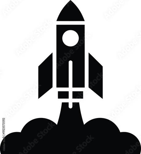 Simple black icon of a rocket launching with smoke or fire below