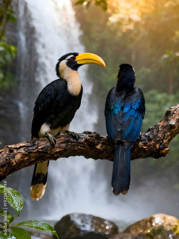 Obraz premium A pair of hornbills perched gracefully in the forest canopy, symbolizing eternal love and lifelong devotion. Known for their monogamous bond, the male faithfully provides food while the female.