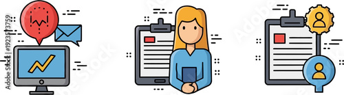 Illustrations depicting business analytics, professional roles, and human resource management with data, communication, and team organization concepts.