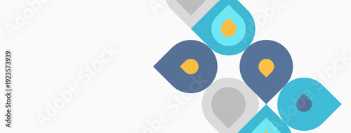 Water droplets, various colors, simple design. Clean background suggests purity, freshness, liquid concept. Minimalist aesthetic.