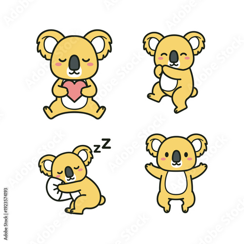 Photography Cute cartoon koalas showing emotions on white background