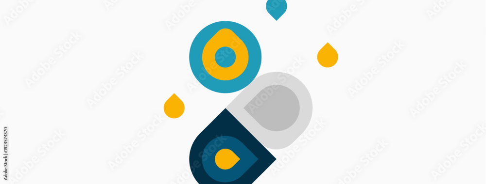 Obraz premium Abstract shapes, circles, drops. Blue, gray, yellow colors dominate design. Minimalist composition, clean aesthetic. Modern graphic element.