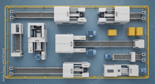 Automated industrial production line with conveyor belts and machinery.