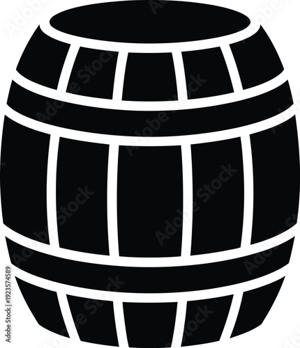 Black and white silhouette icon of a wooden barrel for wine, beer, or whiskey storage and aging