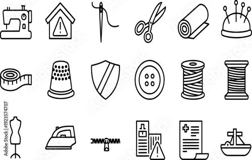 Sewing Tailoring Equipment Craft Tools Line Icon Vector Set