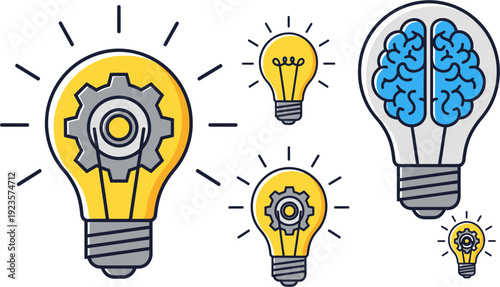 Illustration of various glowing lightbulbs, some containing gears and a brain, symbolizing ideas, innovation, and thought processes.