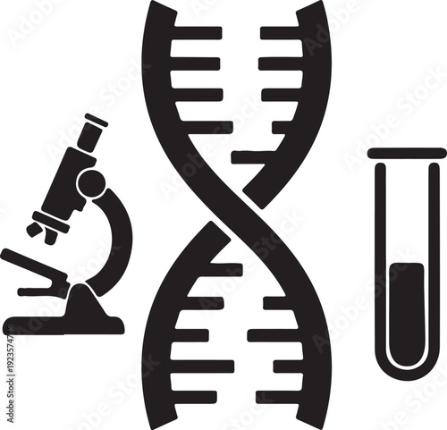 Genetic research symbols including dna microscope and test tube isolated on transparent background