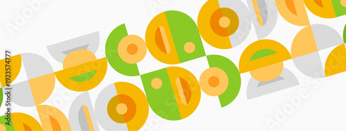 Retro pattern features overlapping circles, squares, muted orange, green hues. Simple geometric design creates playful visual texture.