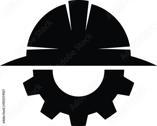 Black silhouette icon of a construction hard hat combined with a gear, representing industry, engineering, and safety in building and manufacturing sectors