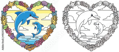 A family of adorable dolphins in a heart-shaped ocean frame with a love theme Design of Sea Animals Children's coloring page and vector illustration featuring