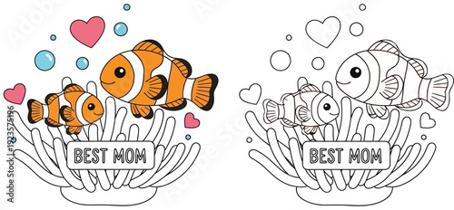 Adorable Clownfish Mother and Baby with the Greatest Mom Text, Children's Coloring Page, and Vector Illustration Design of Sea Animals
